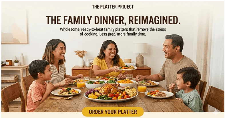 A family of four sharing a colorful platter dinner around a warm dining table